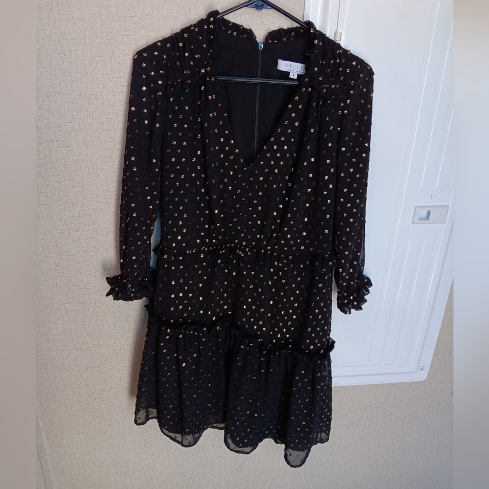 Hunter Bell New York Women’s Amanda 3/4 Sleeve Black Gold Dress Size 4 semi new